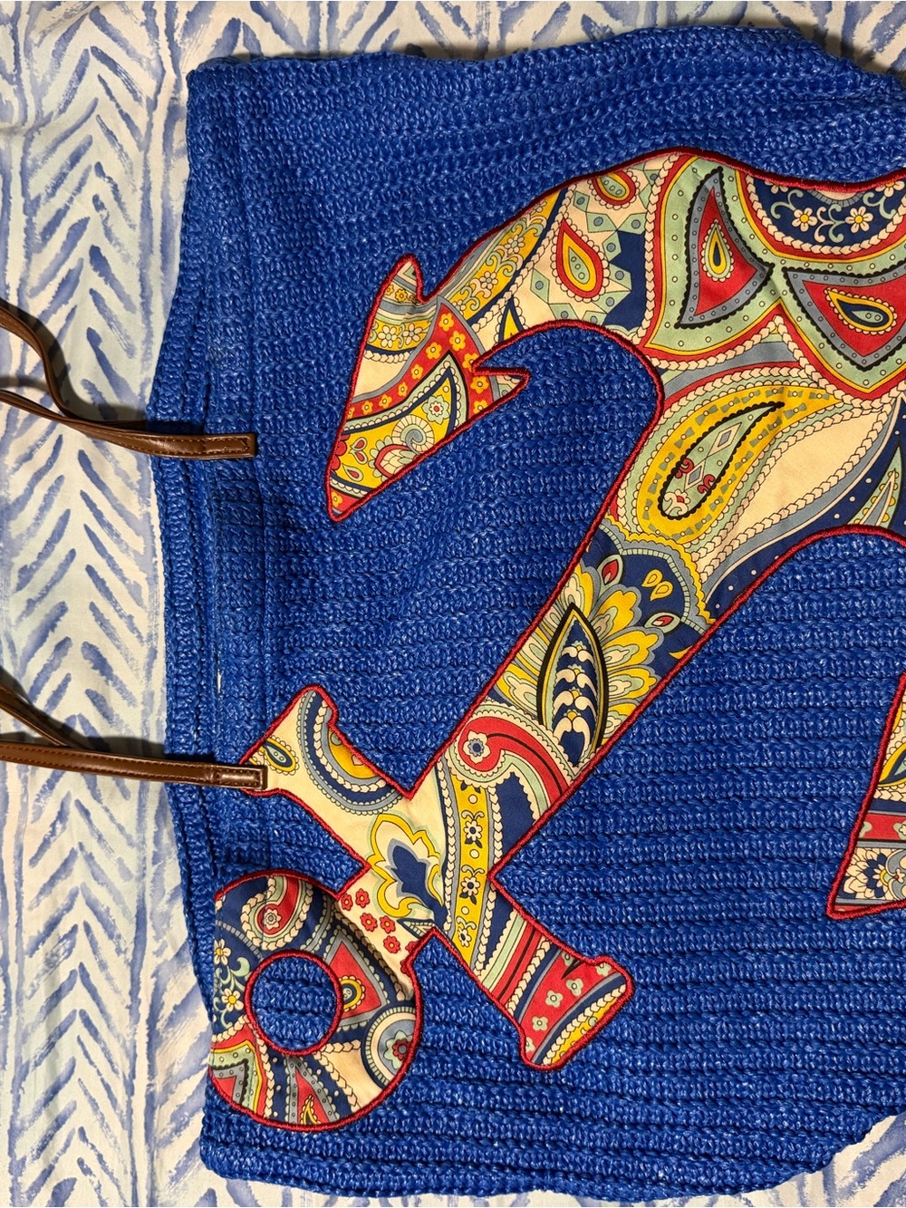 Vera Bradley beach tote Blue Straw Tote with Colorful Paisley Anchor Appliqué